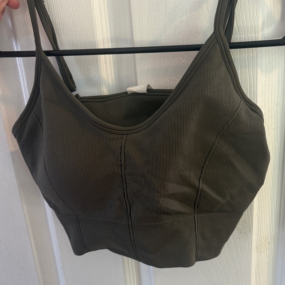 Ribbed Padded Sports Bra - Olive Green